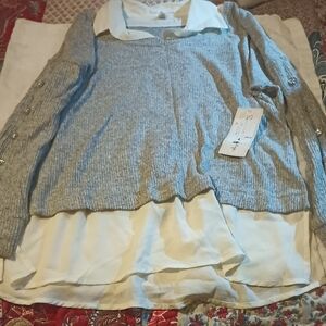French Laundry Gray V-Neck Sweater with White Layered Look